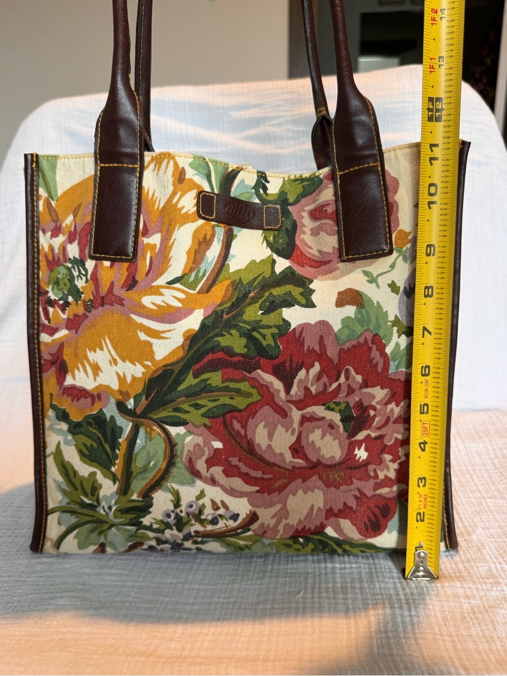 Oilily - Floral Canvas Tote Bag with Brown Leather Handles